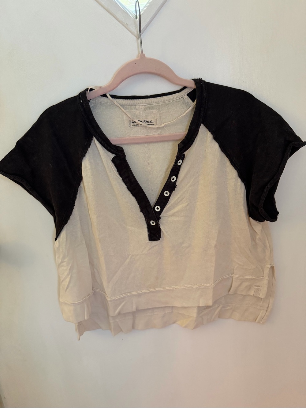 Free People Navy & Cream Crop Henley Top